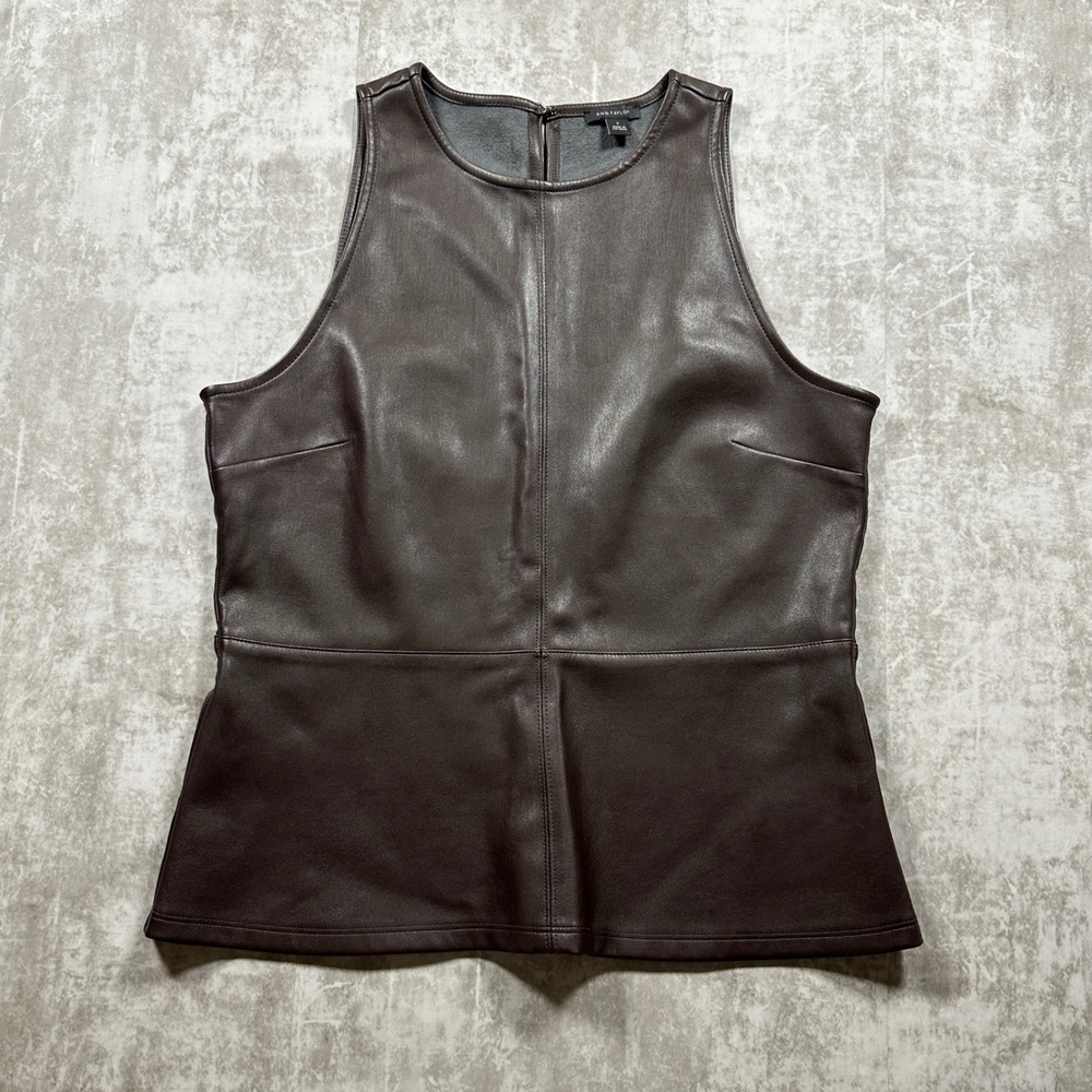 Ann Taylor Fall Top Womens S Brown Faux Leather Sleeveless Back Zip Seamed